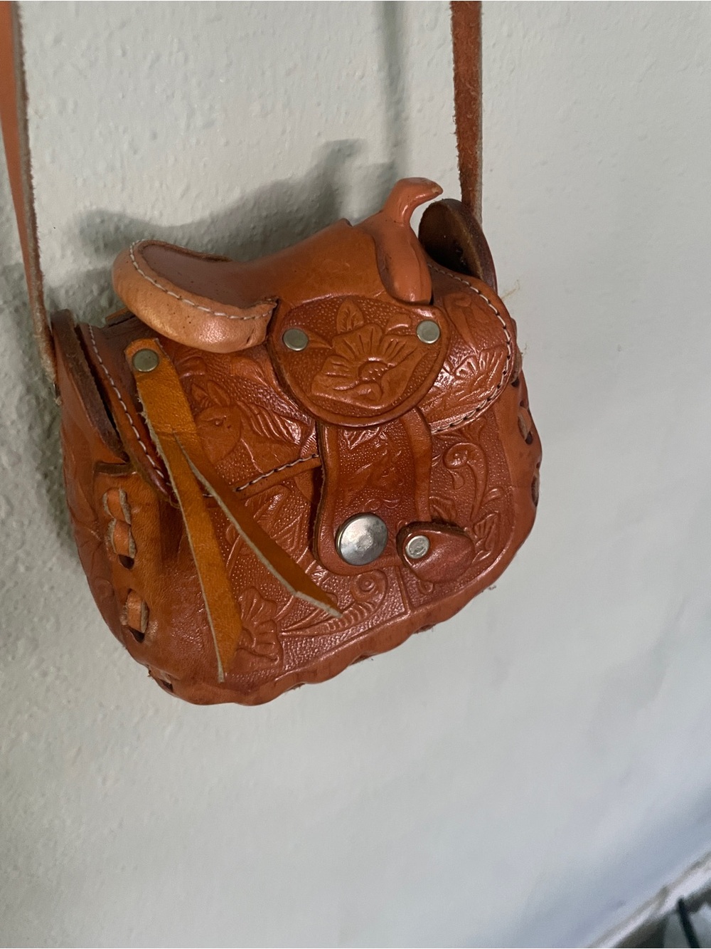Vintage Tan Hand-Tooled Leather Crossbody Bag